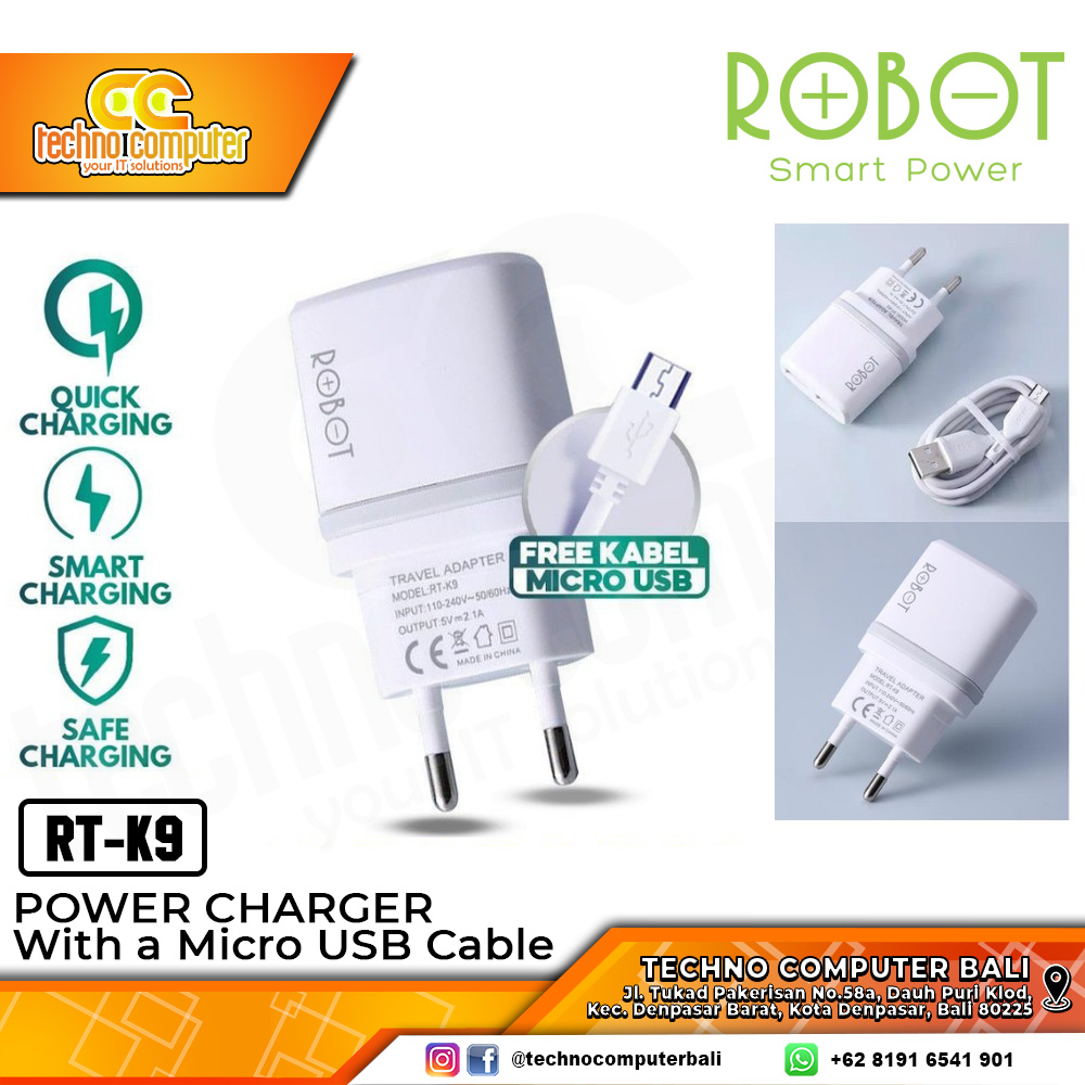 ROBOT RT-K9 Adapter Charger Dual Output With Kabel Micro USB 2.1A
