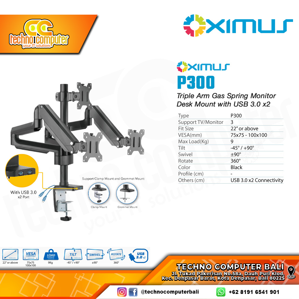 Bracket Monitor TV 22-34inch OXIMUS P300 Gas Spring Triple Monitor with USB 3.0 x2 - Black