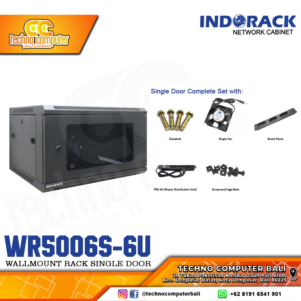 INDORACK WR5006S-6U - Wallmount Rack Single Door 6U Depth 500mm Glass Door 19Inch