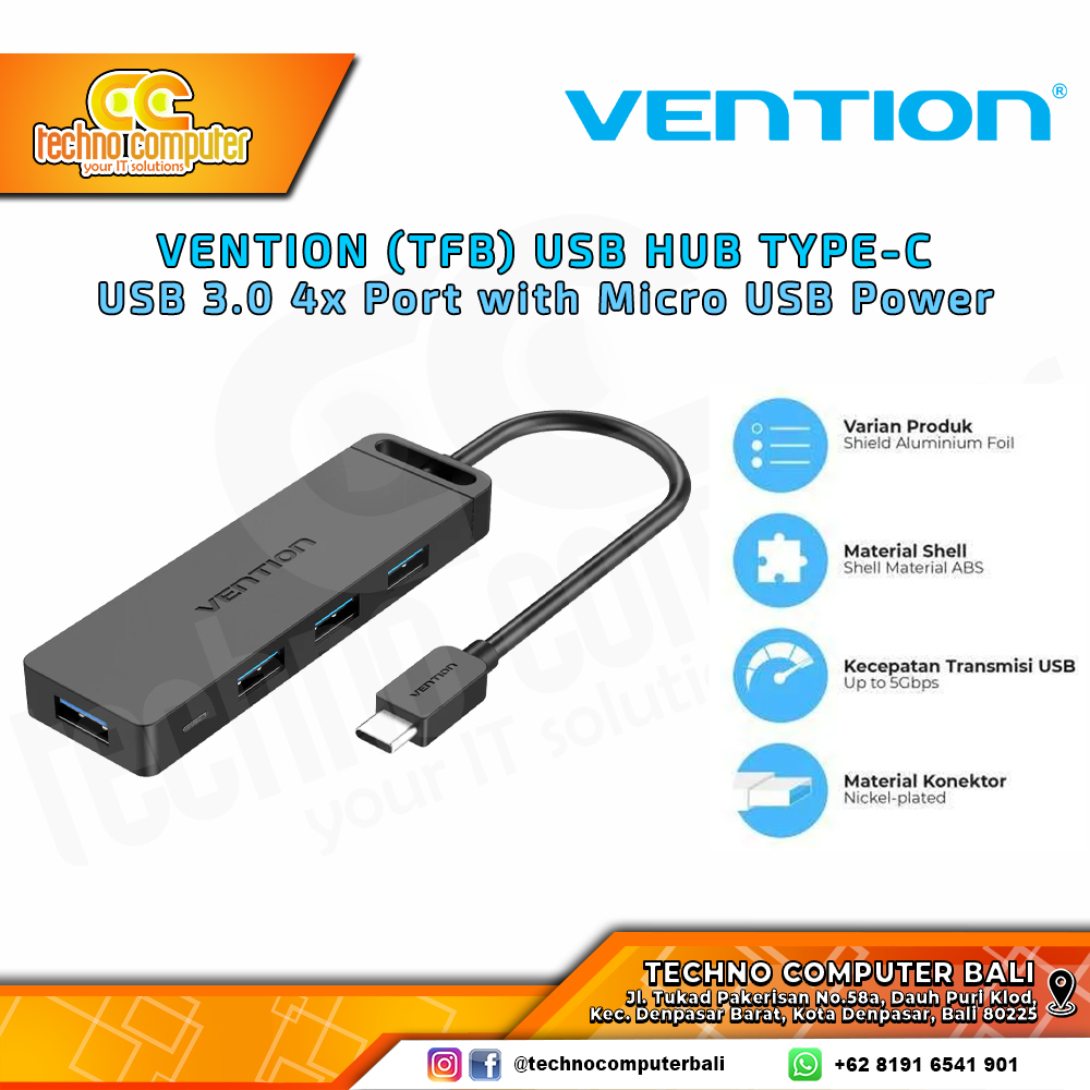 VENTION USB HUB Type-C to USB 3.0 4x Port with Micro USB Power - TGK 1M