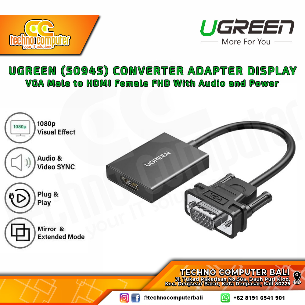 UGREEN CONVERTER ADAPTER DISPLAY - VGA Male to HDMI Female With Audio and Power - (50945)
