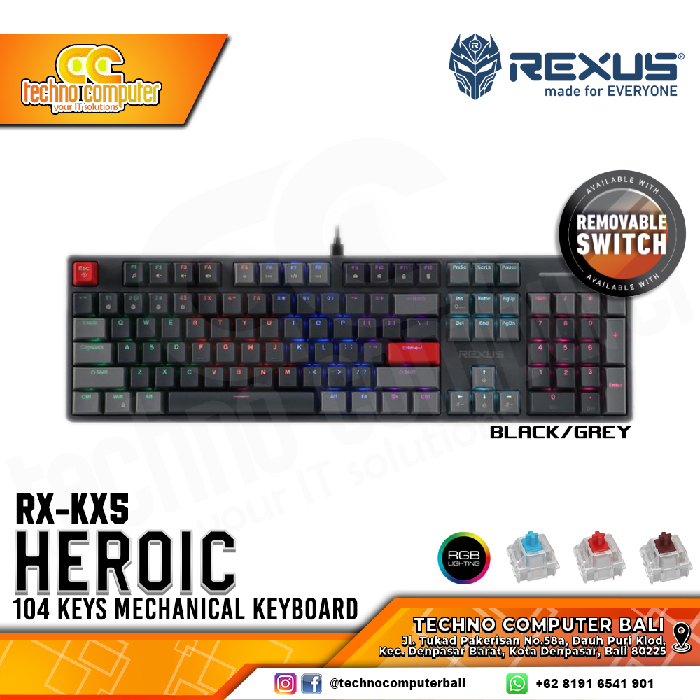 REXUS HEROIC KX5 Upgrade Black/Grey - Mechanical Brown Switch - Gaming Keyboard