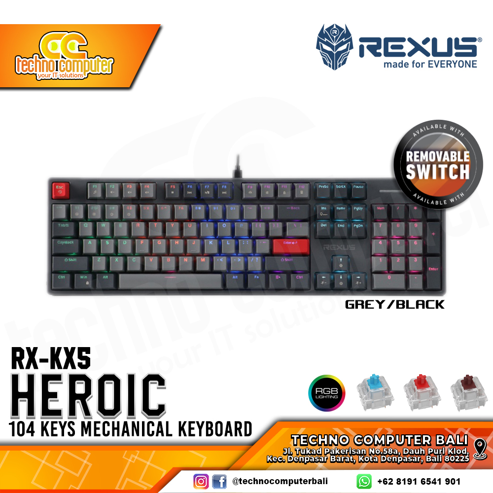 REXUS HEROIC KX5 Upgrade Grey/Black - Mechanical Red Switch - Gaming Keyboard