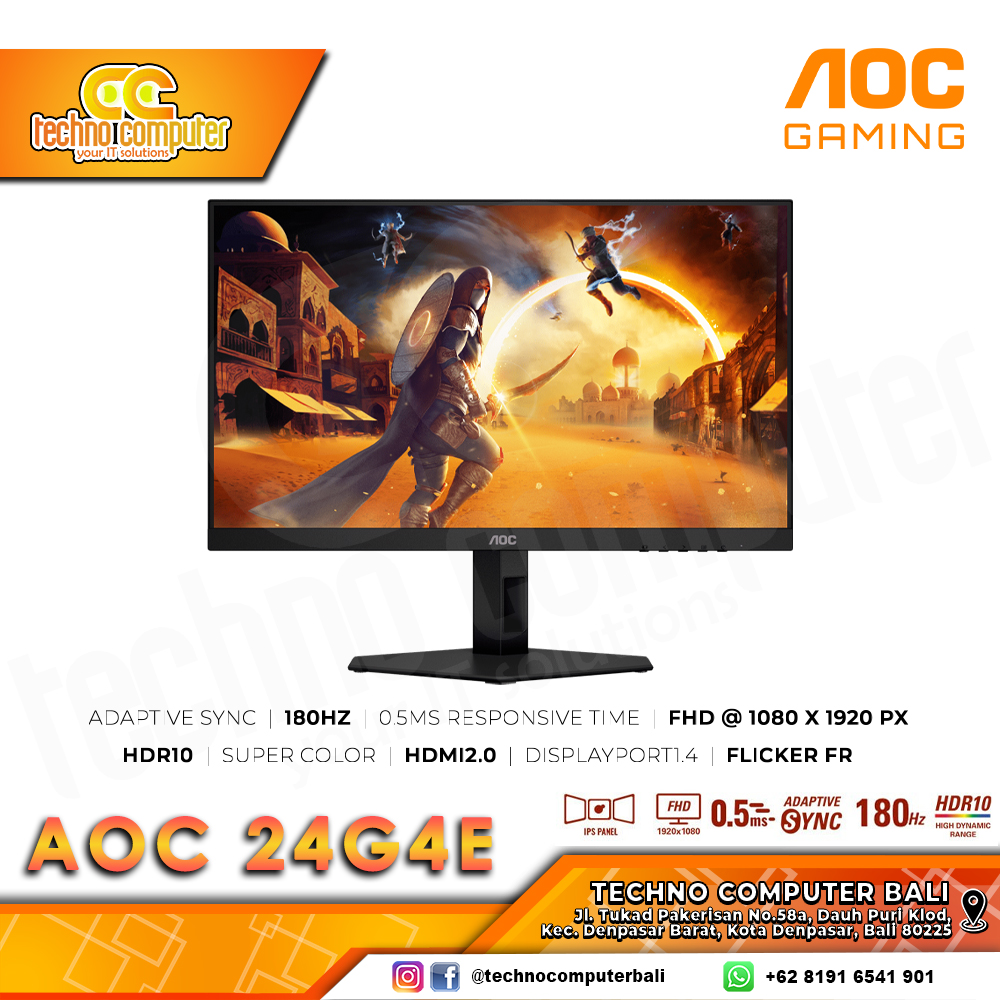 AOC 24G4E Gaming Monitor - 24 inch, FHD (1920 x 1080), IPS, 180Hz, 1ms
