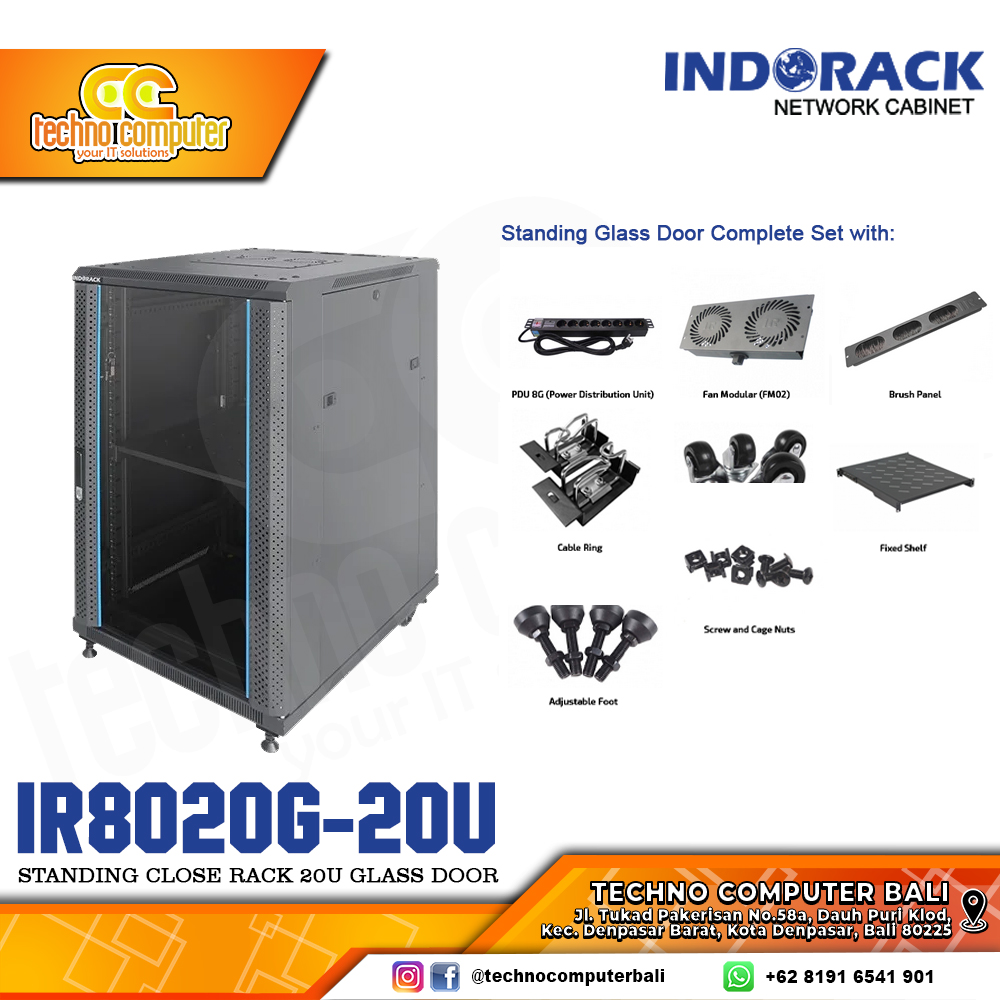 INDORACK IR8020G-20U - Standing Close Rack 20U Depth 800mm Glass Door 19Inch