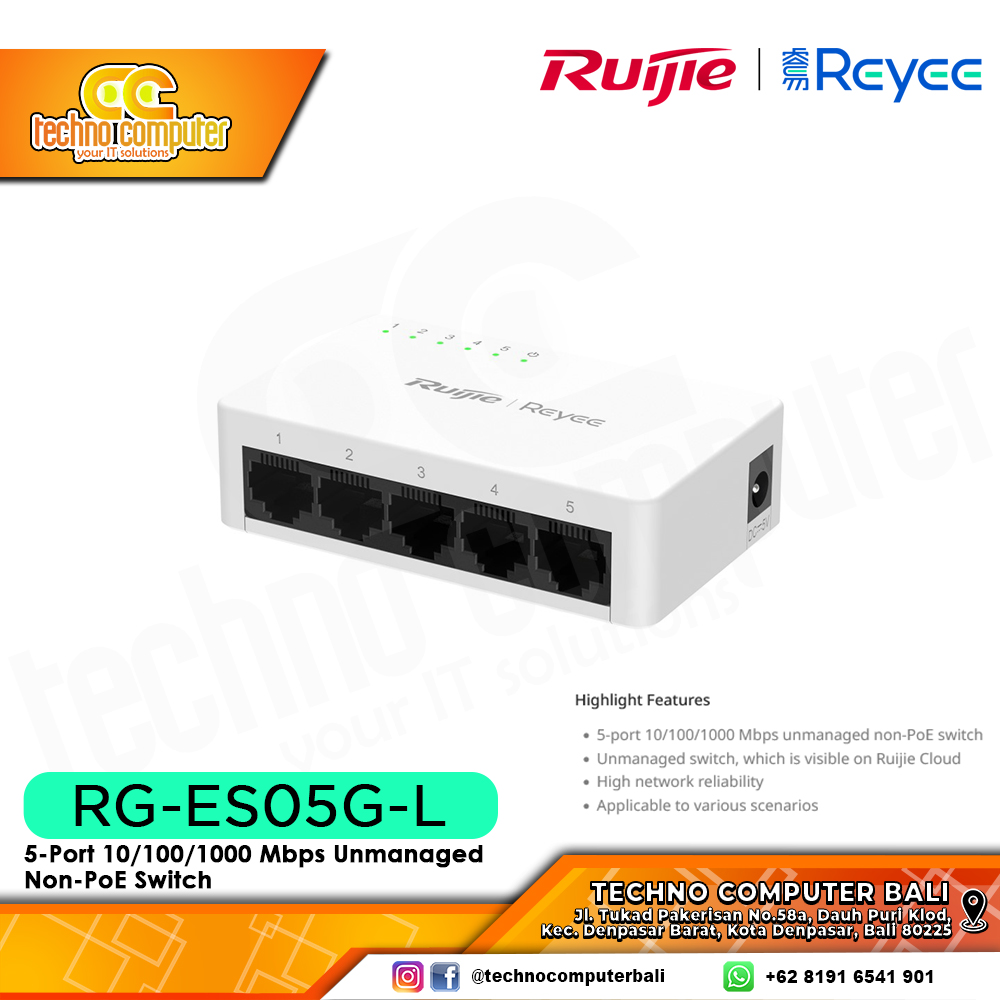 SWITCH HUB RUIJIE/REYEE RG-ES05G-L 5-Port Gigabit Unmanaged Switch Plastic Case