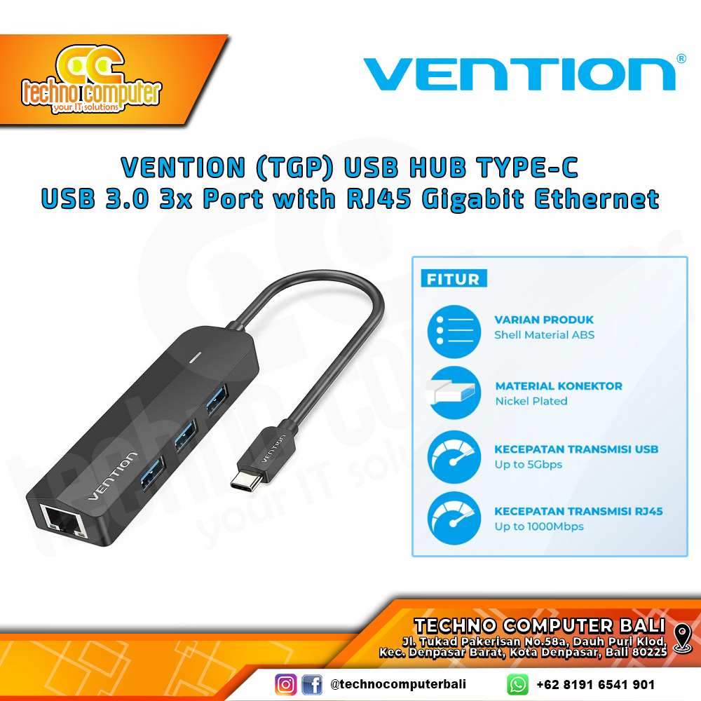 VENTION USB HUB Type-C to USB 3.0 3x Port with RJ45 Gigabit Ethernet - TGP 0.15M
