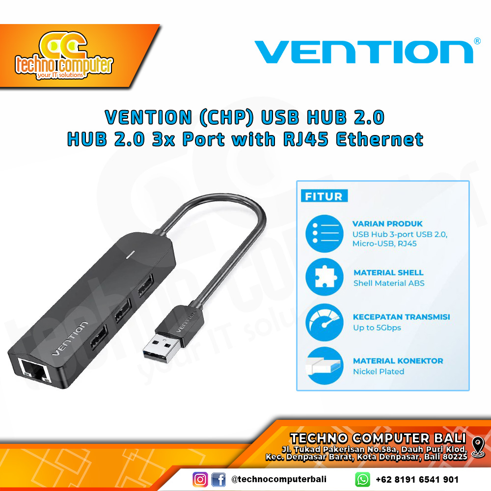 VENTION USB HUB 2.0 3x Port with RJ45 Ethernet - CHP 0.15M