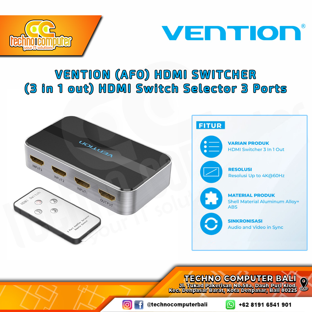 VENTION HDMI SWITCHER (3 in 1 out) HDMI Switch Selector 3 Ports - AFOH0