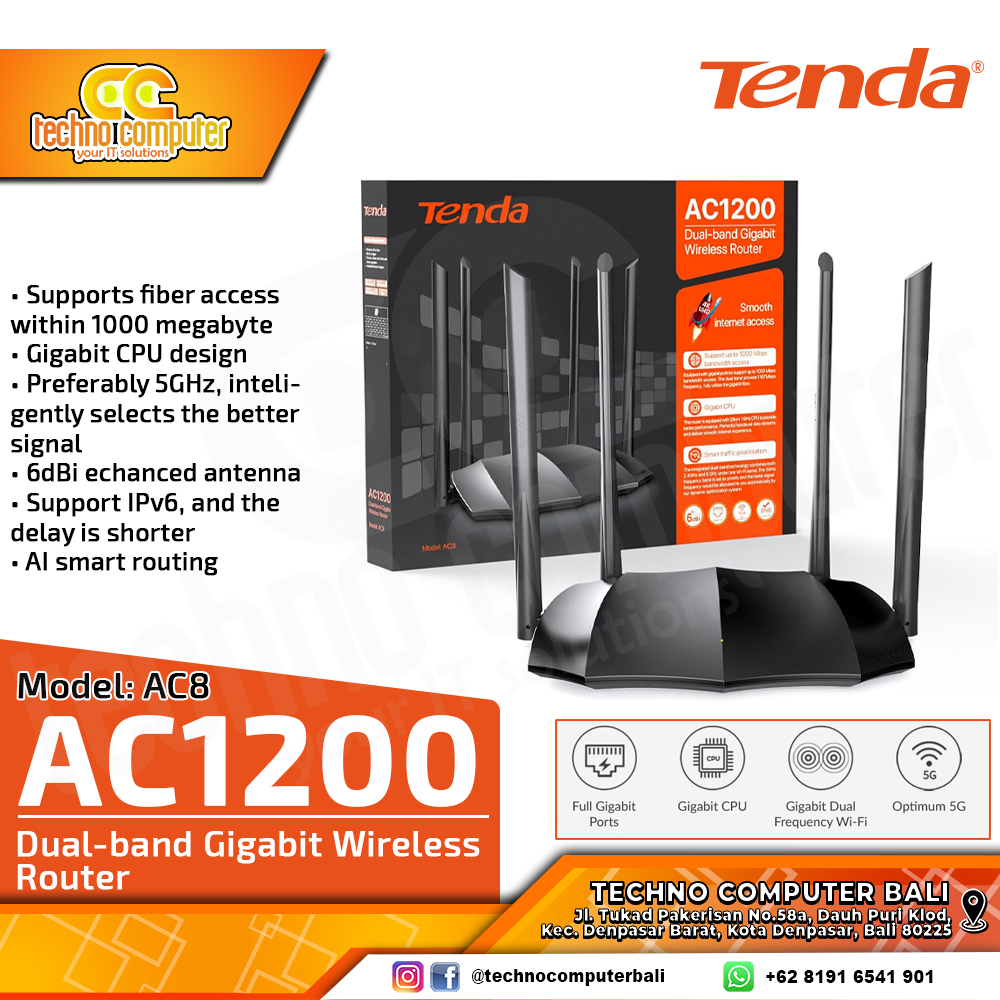 ROUTER TENDA AC8 AC1200 Dual-Band Gigabit Wireless Router