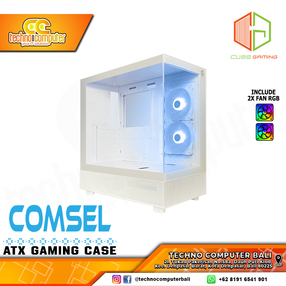 CASING CUBE GAMING COMSEL White - Mid Tower ATX Case Tempered Glass (Free 2x RGB Fan)