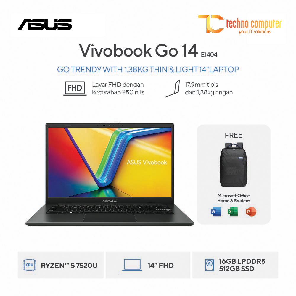 ASUS Vivobook Go 14 [E1404FA-FHD554] AMD Ryzen 5 7520U/RAM 8GB/SSD 512GB/Win11 Home