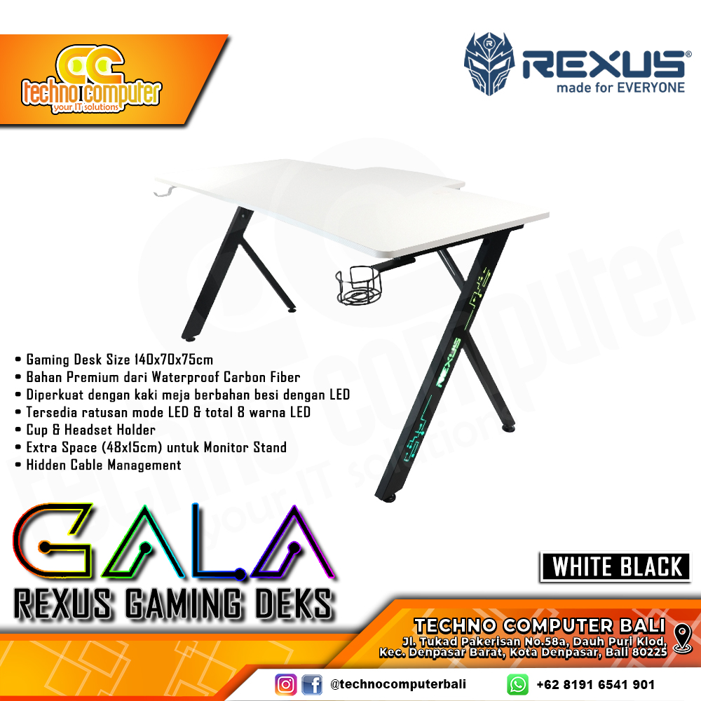 MEJA GAMING REXUS GALA RXD-140 RGB GAMING DESK With Headphone Hook & Cup Holder - WHITE/BLACK