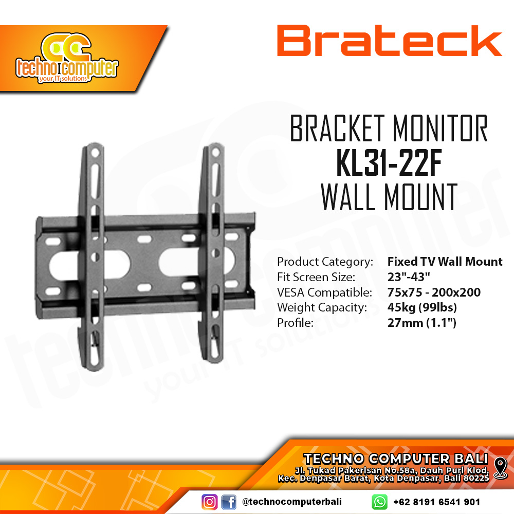 Bracket Monitor TV 23-43inch BRATECK KL31-22F Fix Wall Mount Bracket