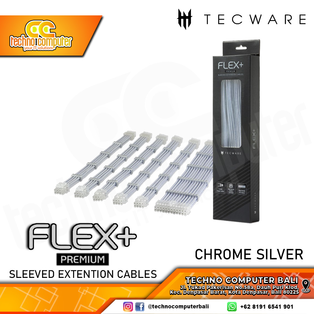 KABEL SLEEVE TECWARE FLEX Plus Premium Sleeved Extension Cables Set - CHROME SILVER