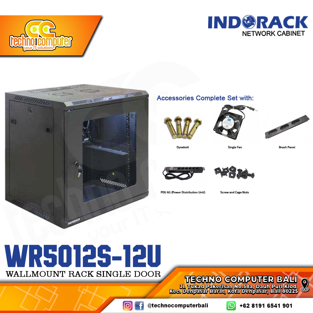 INDORACK WR5012S-12U - Wallmount Rack Single Door 12U Depth 500mm Glass Door 19Inch
