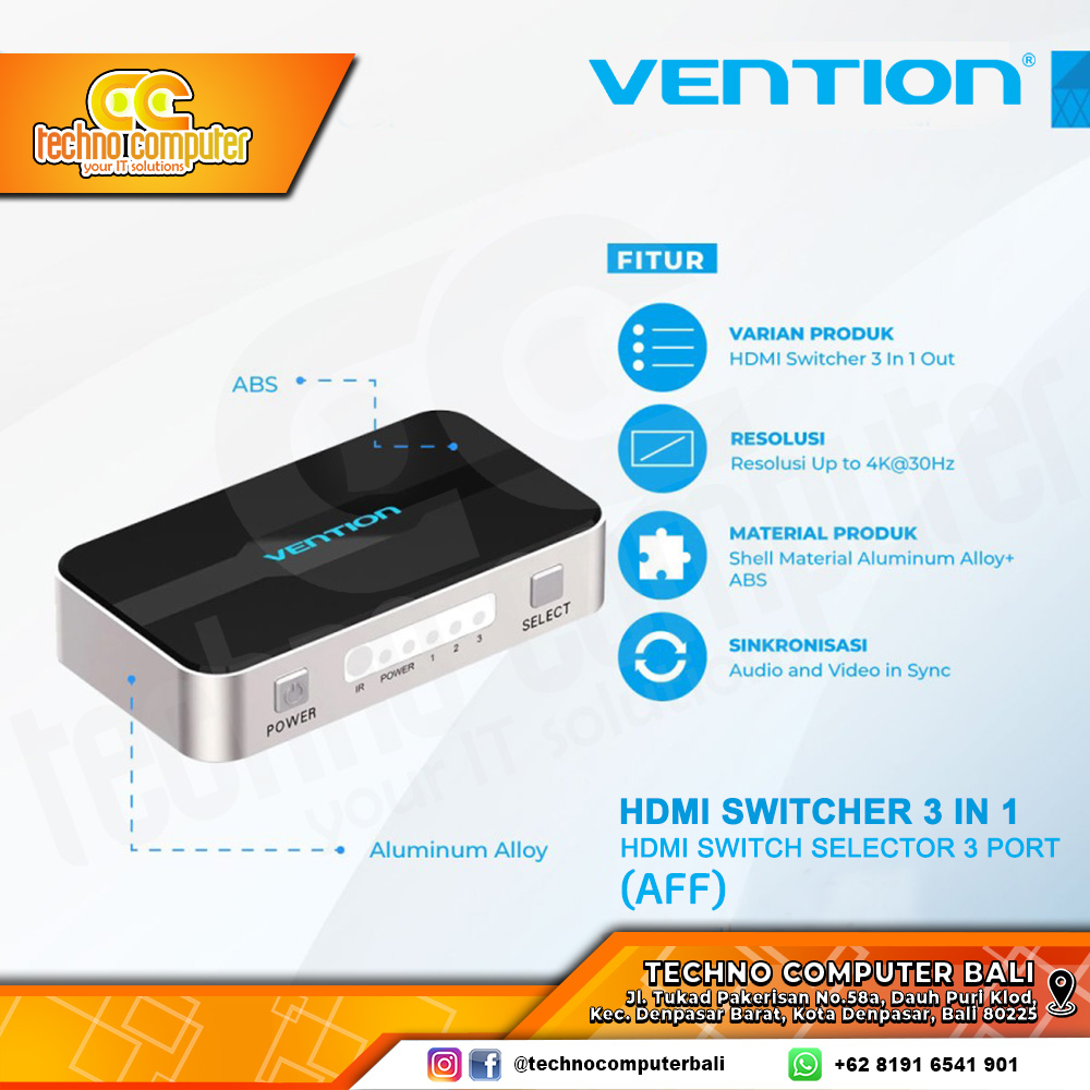 VENTION HDMI SWITCHER (3 in 1 out) HDMI Switch Selector 3 Ports - AFFH0