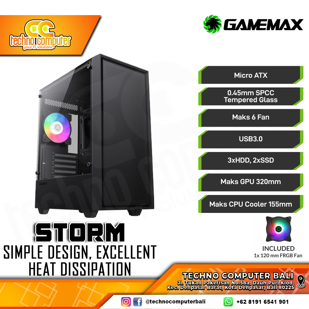 CASING GAMEMAX STORM Black - Mid Tower mATX Case Tempered Glass (Free 1x RGB Fan)