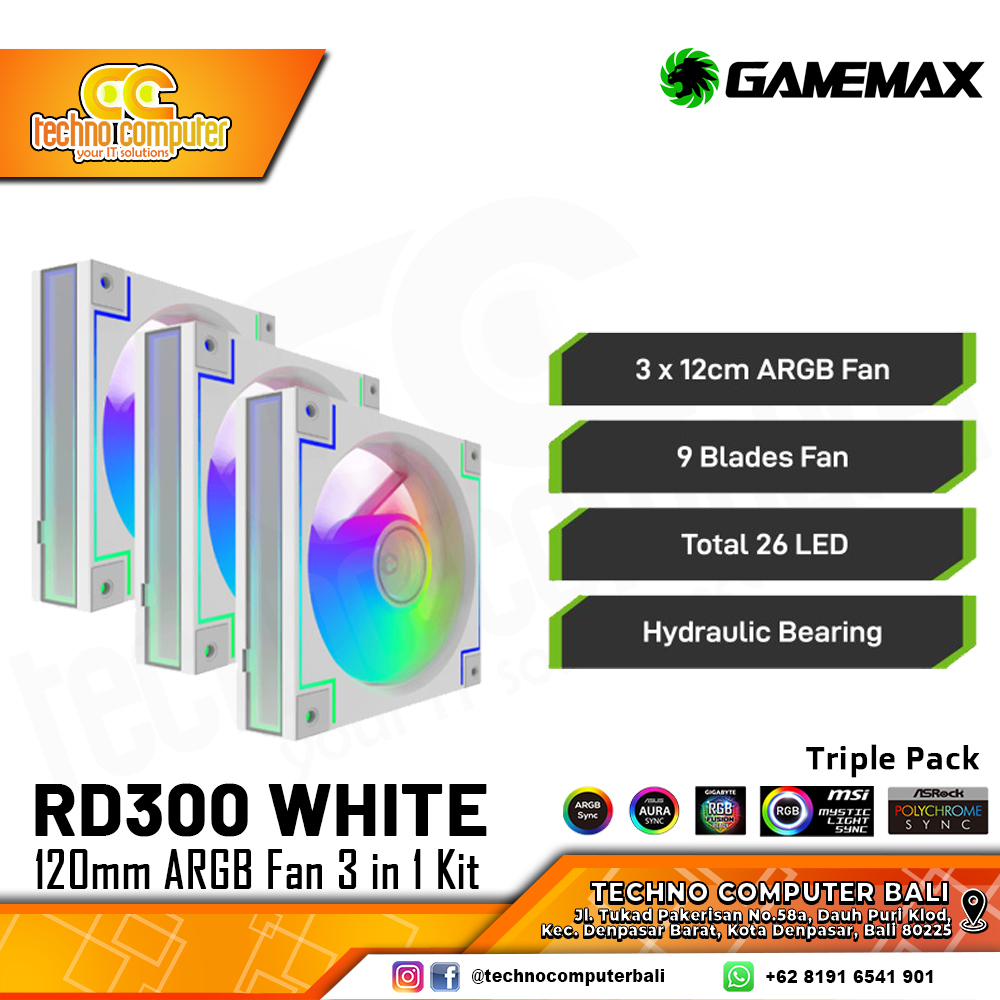 FAN CASING GAMEMAX RD300 WHITE - 120mm Triple Pack ARGB Fan