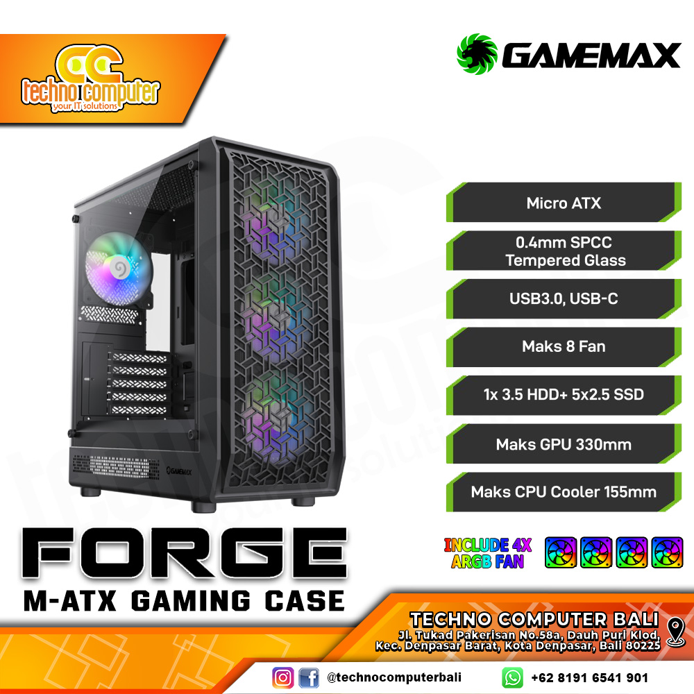 CASING GAMEMAX FORGE mATX Black - Mid Tower mATX Case Tempered Glass (Free 4x RGB Fan)
