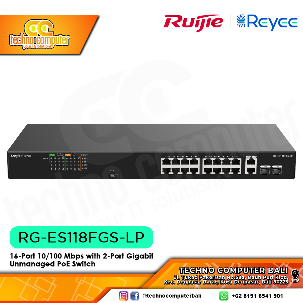 SWITCH POE RUIJIE/REYEE RG-ES118FGS-LP 16-Port 10/100 Mbps with 2-Port Gigabit Unmanaged PoE Switch