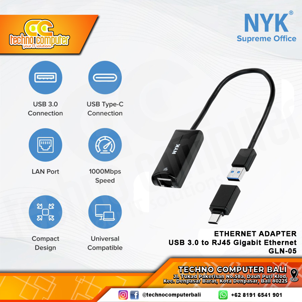 USB LAN NYK ETHERNET ADAPTER - USB 3.0 to RJ45 Gigabit Ethernet - GLN-05
