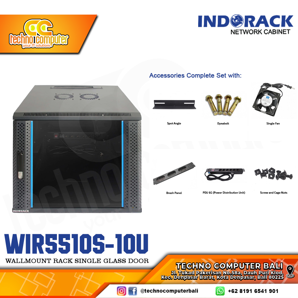 INDORACK WIR5510S-10U - Wallmount Rack Single Door 10U Depth 600mm Glass Door 19Inch