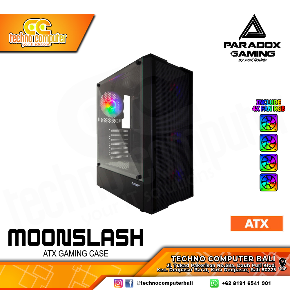 CASING PARADOX GAMING MOONSLASH Black - Mid Tower ATX Case Tempered Glass (Free 4x Fix RGB Fan)