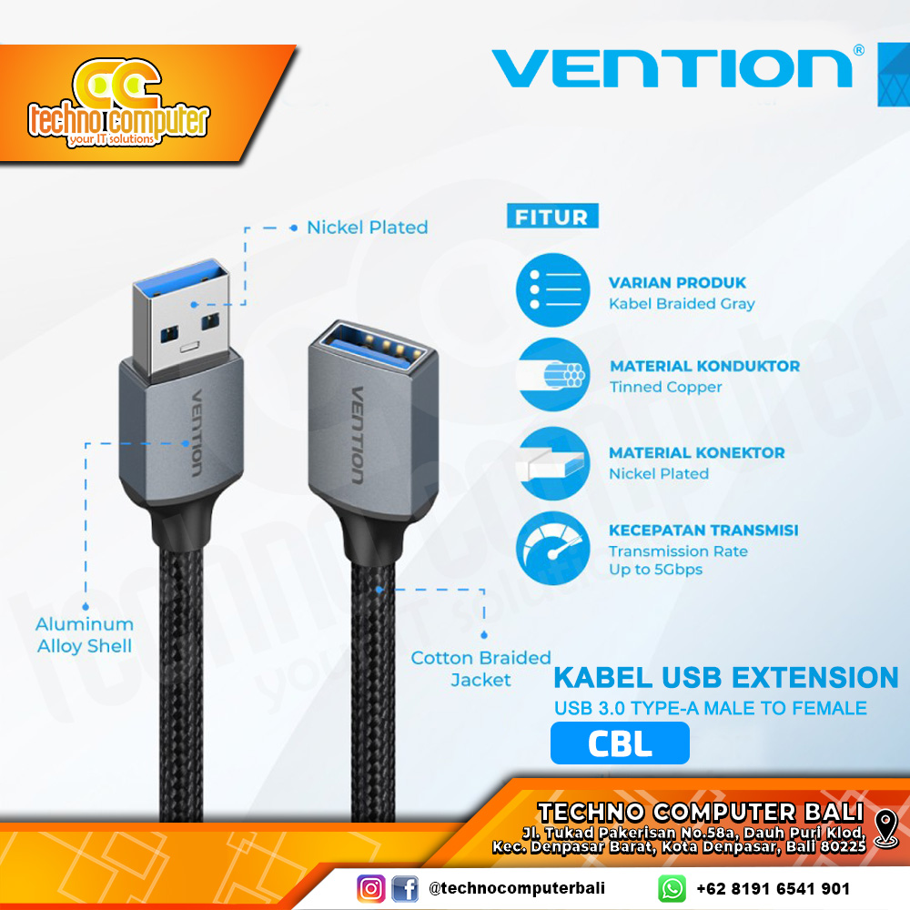VENTION USB EXTENSION - Cotton Braided USB 3.0 Male to Female - CBL Gray 3M