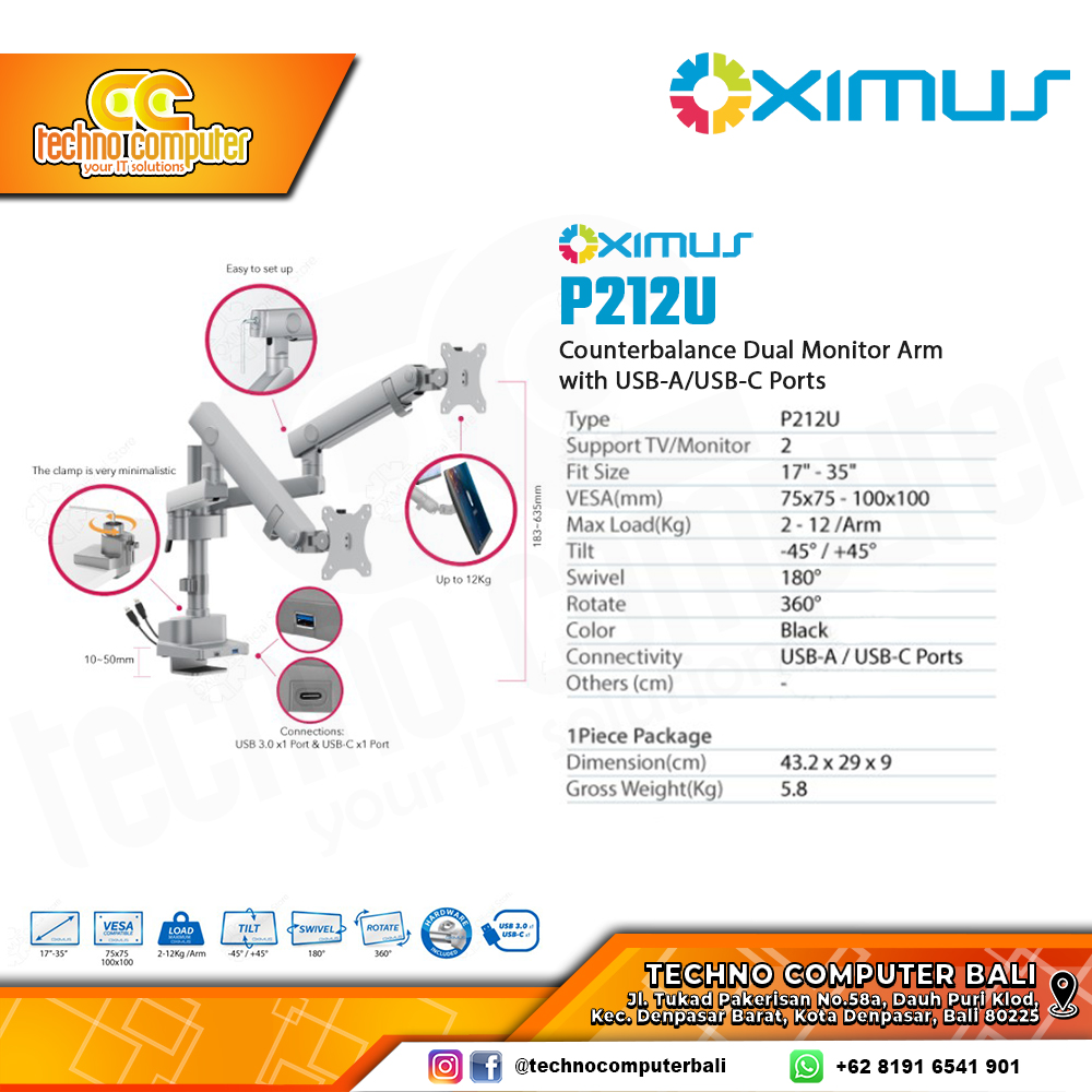 Bracket Monitor TV 17-40inch OXIMUS P212U Heavy Duty Mechanical Spring Dual Monitor - Grey
