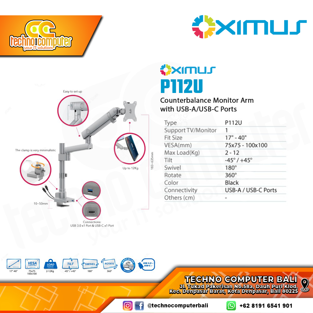 Bracket Monitor TV 17-40inch OXIMUS P112U Heavy Duty Mechanical Spring Single Monitor - Grey