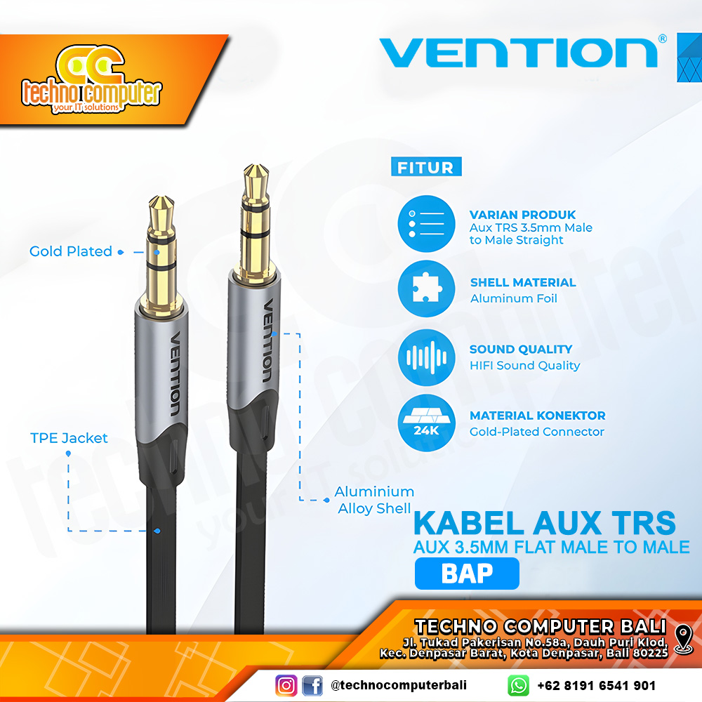 VENTION KABEL AUDIO AUX 3.5mm Flat Male to Male - BAP 1.5M