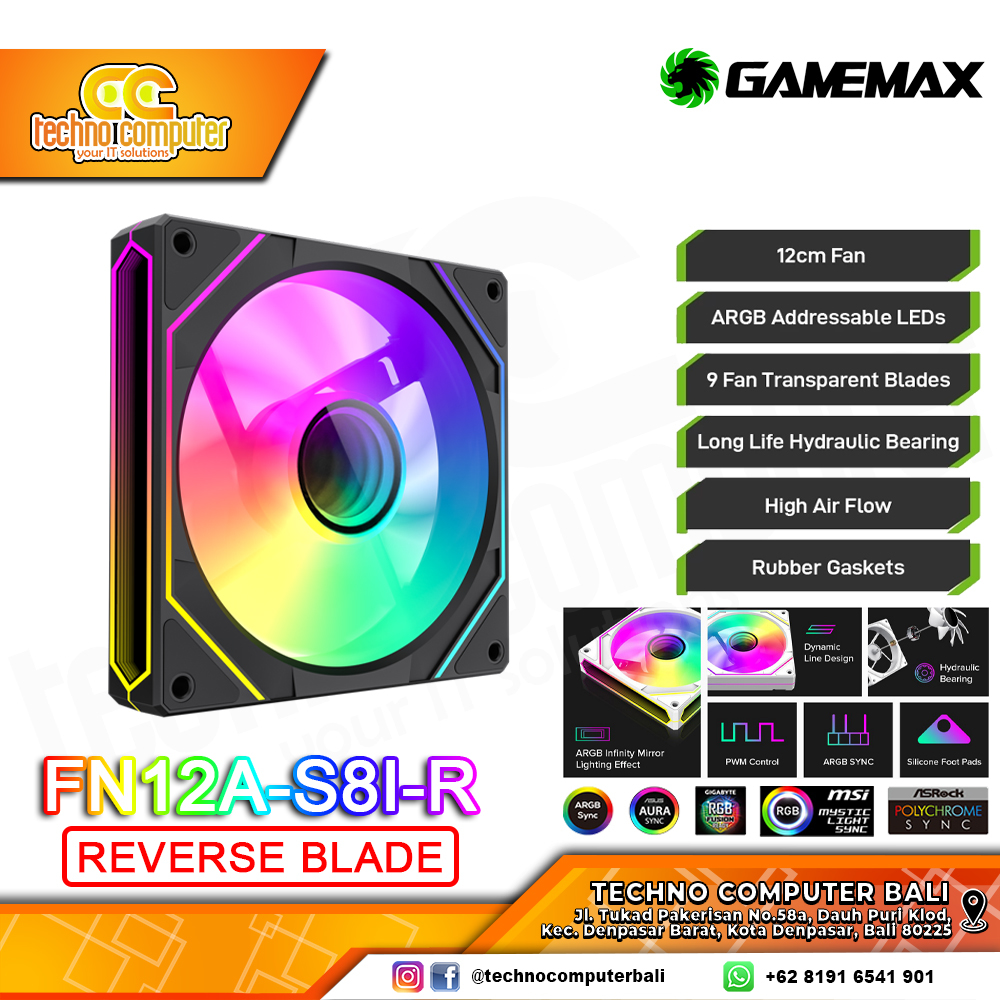 FAN CASING GAMEMAX FN12A-S8I-R REVERSE BLACK - 120mm Single Pack ARGB Fan