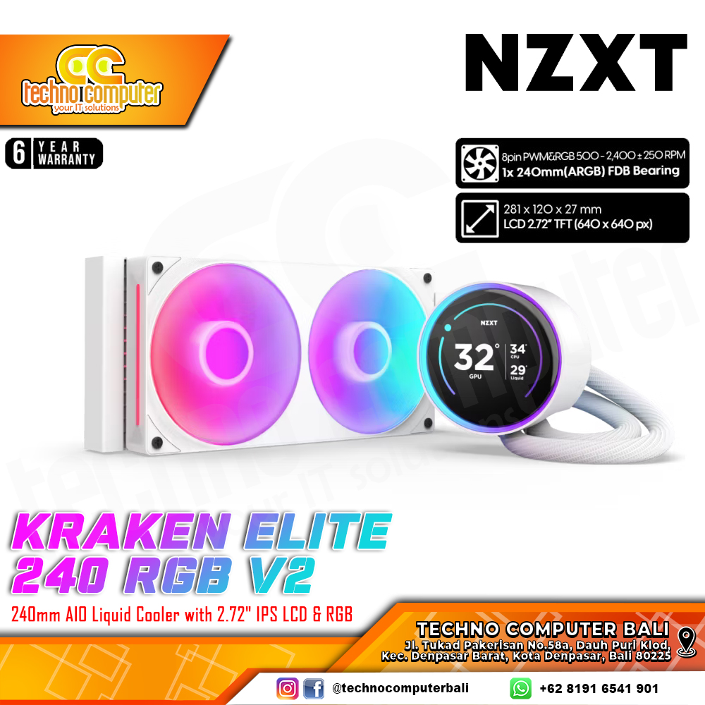 NZXT KRAKEN ELITE 240 RGB V2 White - CPU Cooler - 240mm AIO Liquid Cooler with LCD Display and RGB