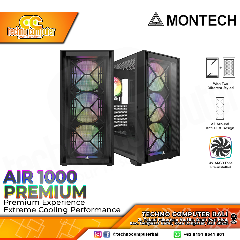 CASING MONTECH AIR 1000 PREMIUM Black - Mid Tower ATX Case Tempered Glass (Free 4x ARGB Fan)