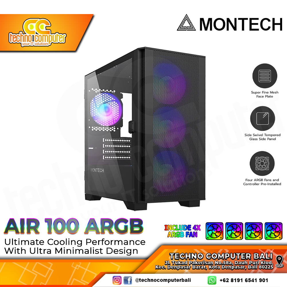 CASING MONTECH AIR 100 ARGB Black - Mid Tower mATX Case Tempered Glass (Free 4x ARGB Fan)