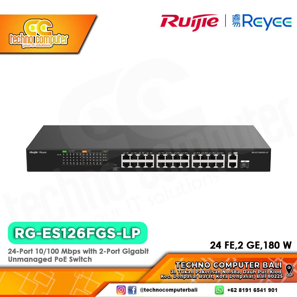 SWITCH POE RUIJIE/REYEE RG-ES126FGS-LP 24-Port 10/100 Mbps with 2-Port Gigabit Unmanaged PoE Switch