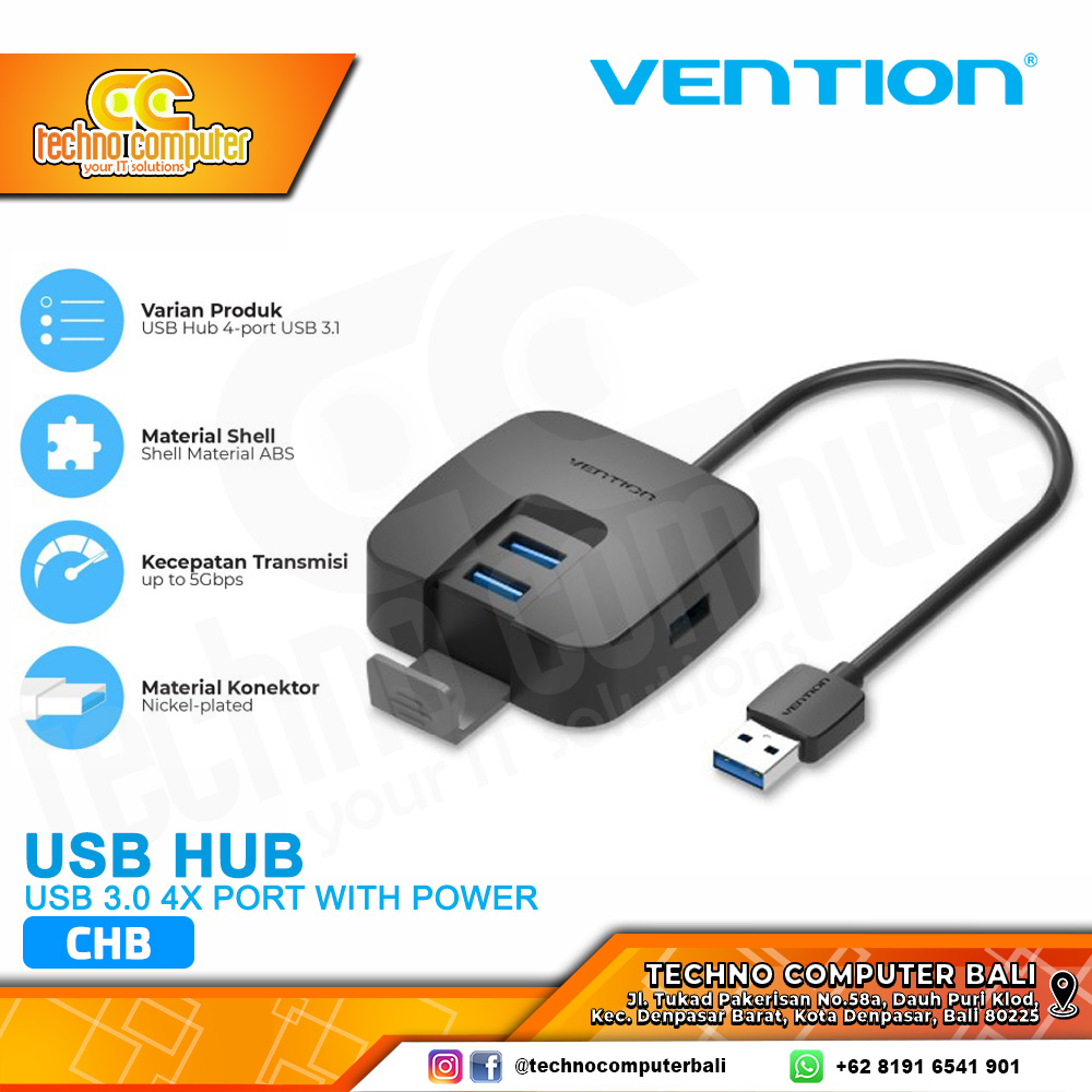 VENTION USB HUB 3.0 4x Port with Power & Stand Holder Super Speed - CHB 0.15M