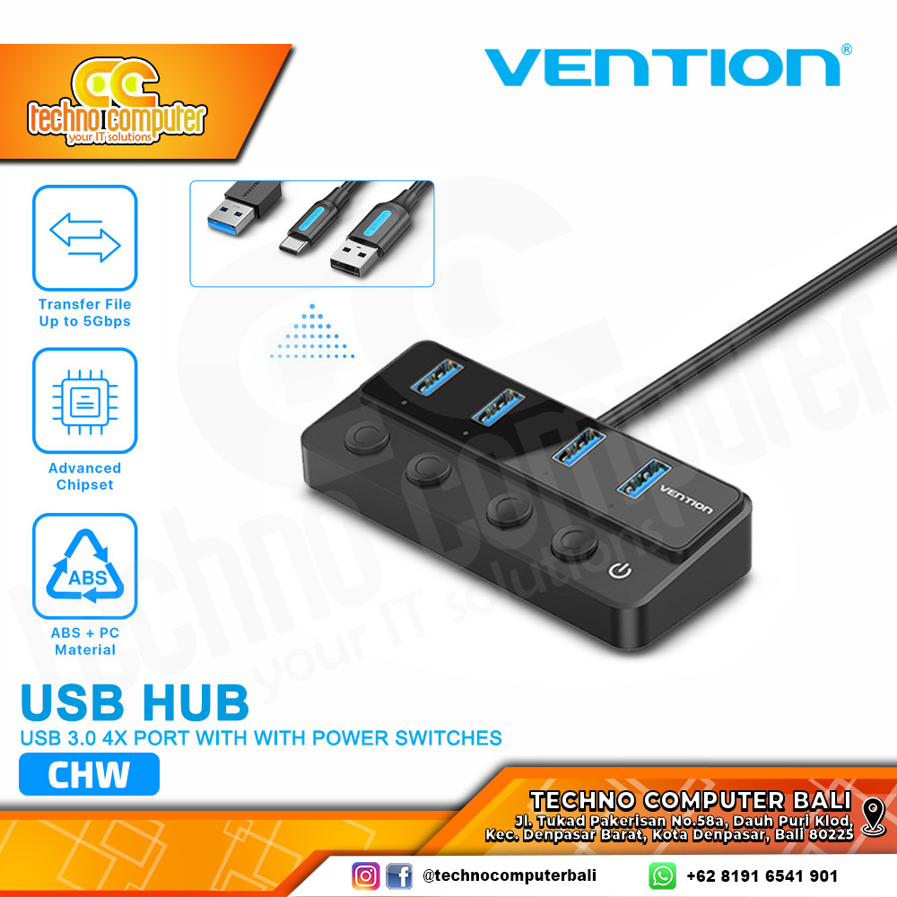 VENTION USB HUB 3.0 4x Port with Individual Power Switches - CHW 1M