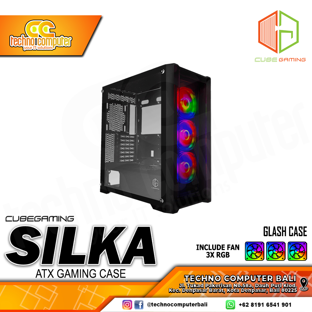 CASING CUBE GAMING SILKA Glass Black - Mid Tower ATX Case Tempered Glass (Free 3x RGB Fan)