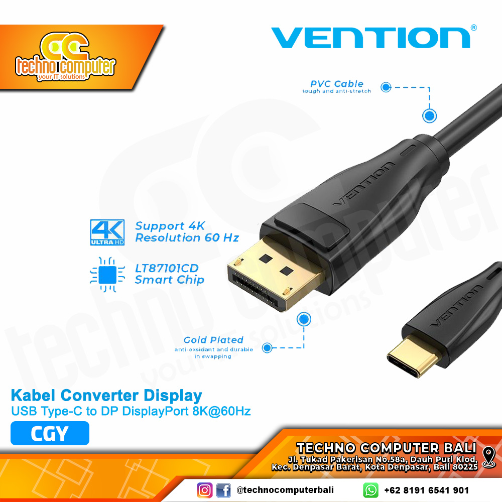 VENTION KABEL CONVERTER DISPLAY - USB Type-C to DP DisplayPort 8K@60Hz - CGY 1.5M