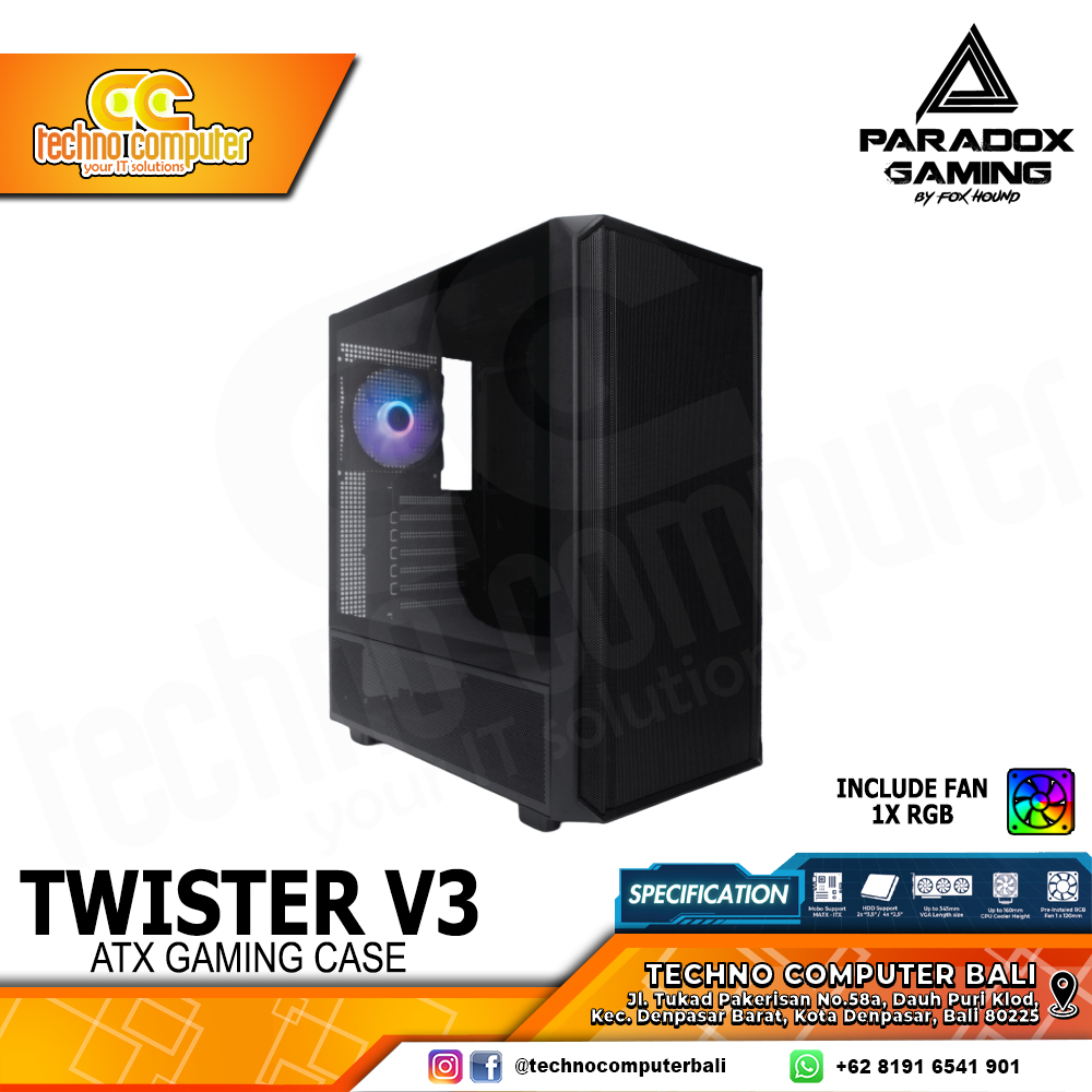 CASING PARADOX GAMING TWISTER V3 Black - Mid Tower ATX Case Tempered Glass (Free 1x RGB Fan)