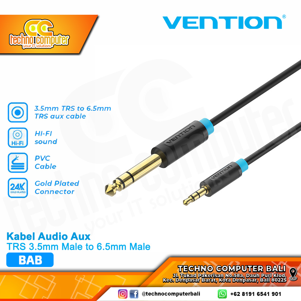 VENTION KABEL AUDIO AUX TRS 3.5mm Male to 6.5mm Male PVC Black - BAB 2M