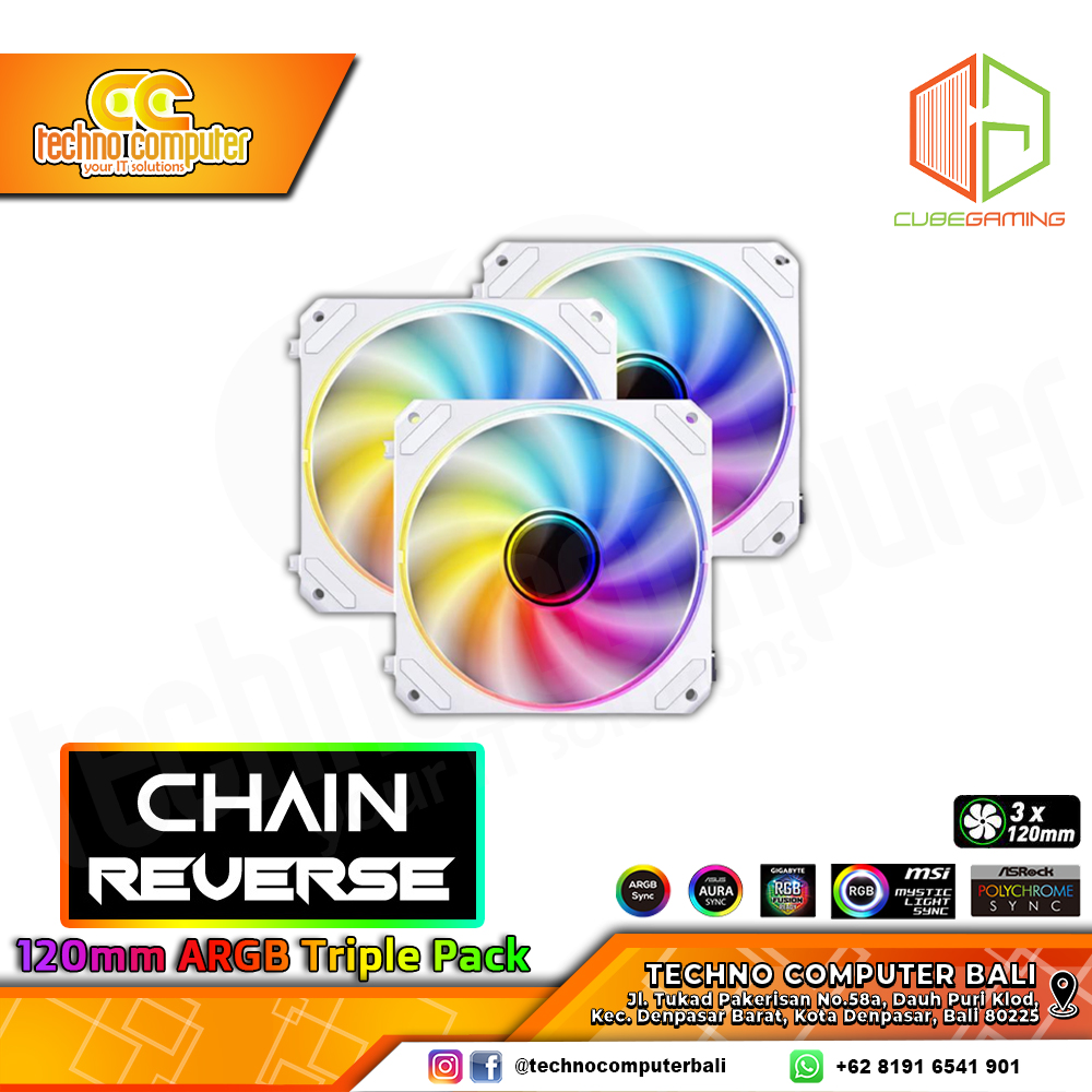 FAN CASING CUBE GAMING CHAIN REVERSE BLADE WHITE - 120mm Triple Pack ARGB Fan