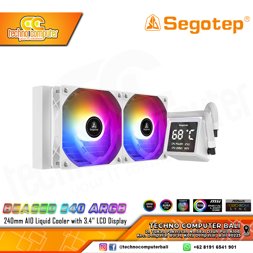 SEGOTEP BEACED 240 ARGB White with 3.4inch LCD Display - CPU Cooler - 240mm AIO Liquid Cooler
