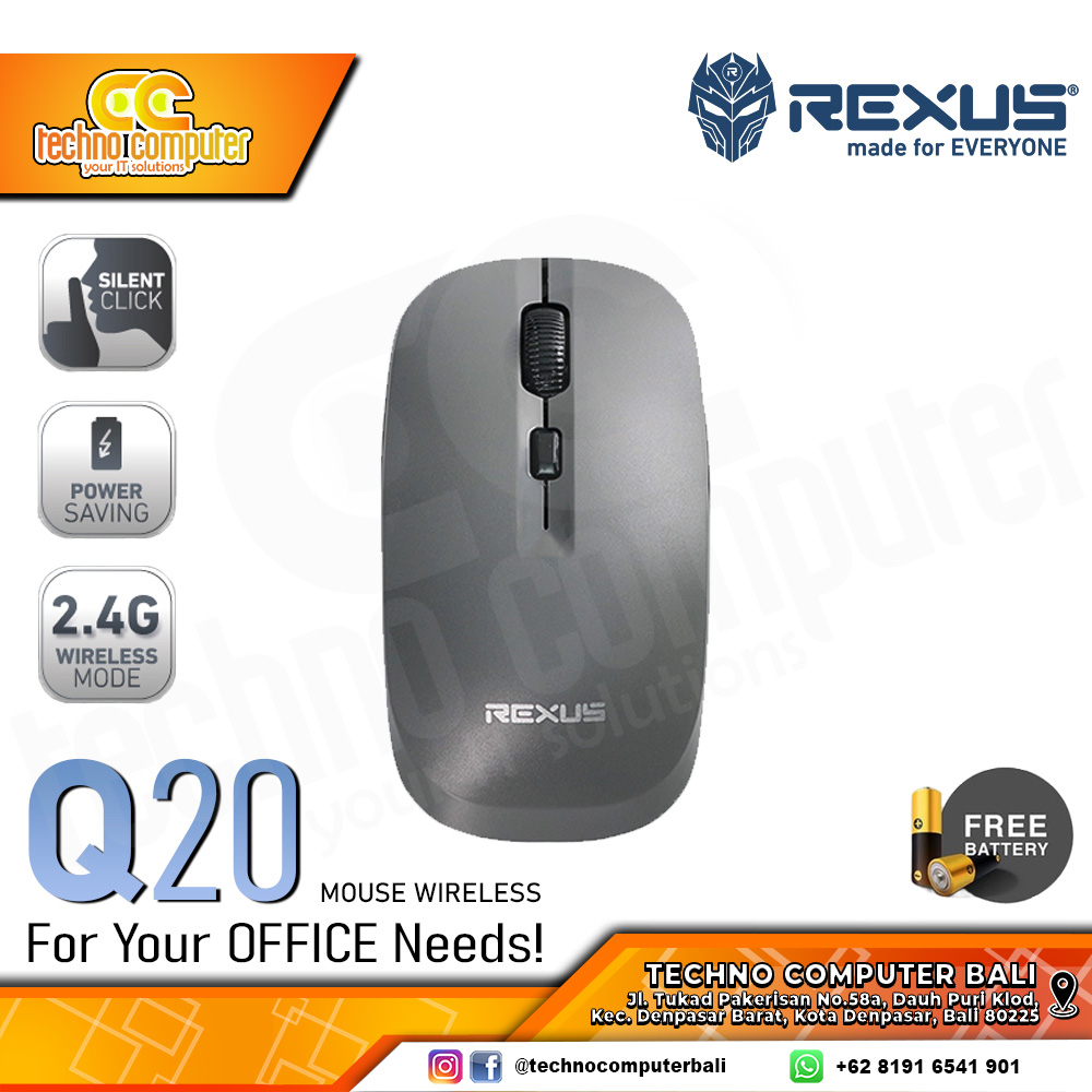 REXUS Q20 4D Silent Click Wireless - Grey - Office Mouse Wireless