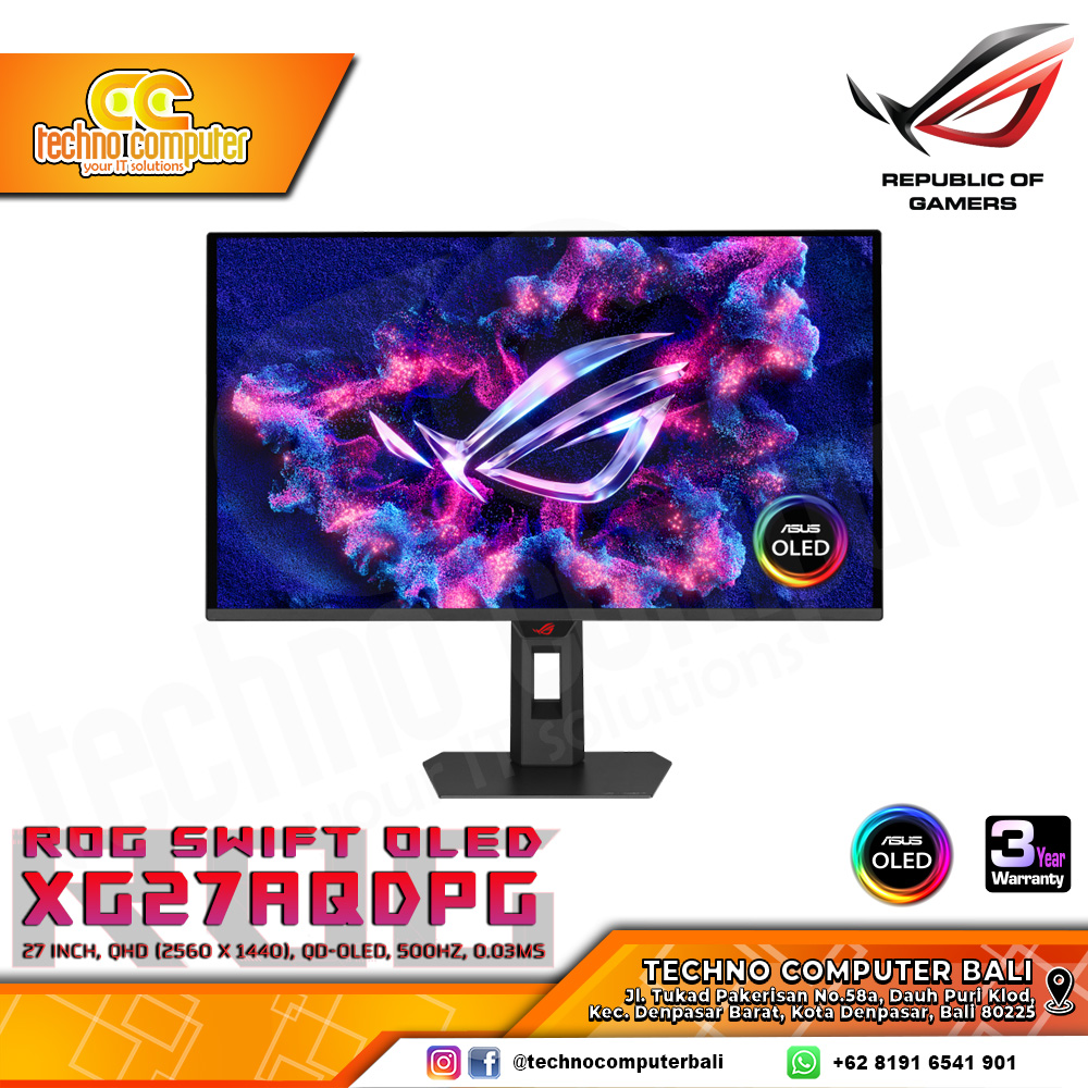ASUS ROG STRIX OLED XG27AQDPG Gaming Monitor - 27 inch, QHD (2560 x 1440), QD-OLED, 500Hz, 0.03ms