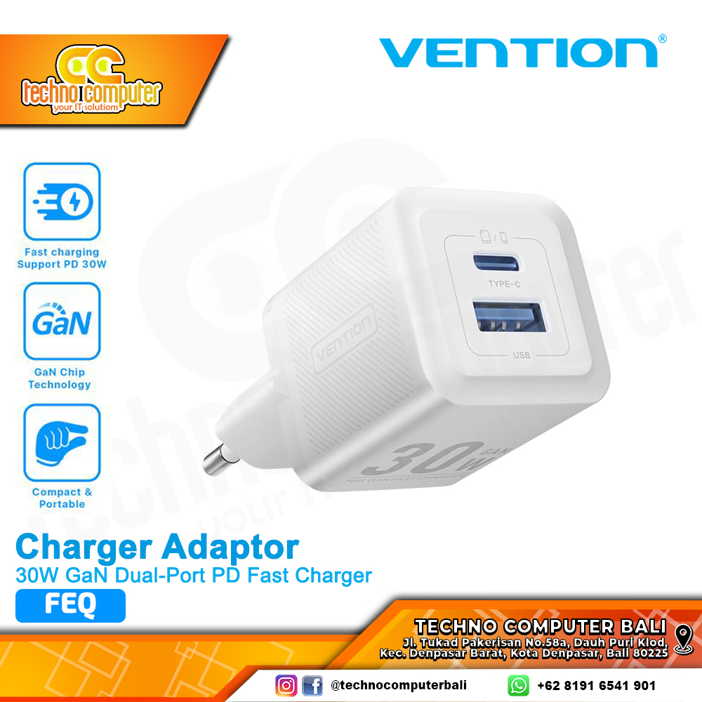 VENTION CHARGER GaN 30W USB Type-C Fast Charging PD Dual Port White - FEQW0-EU