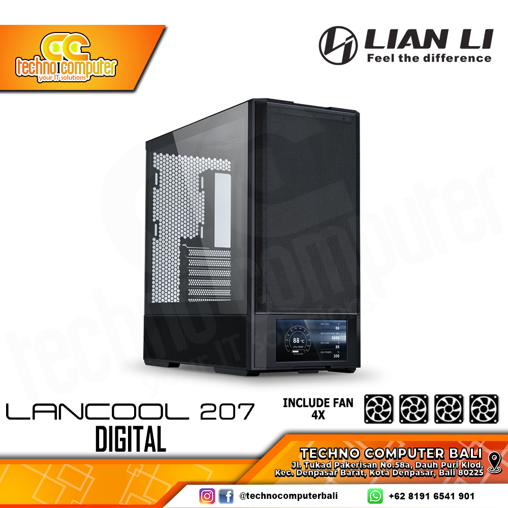 CASING LIAN LI LANCOOL 207 Digital Black - Mid Tower ATX Case Tempered Glass (Free 4x Fan)