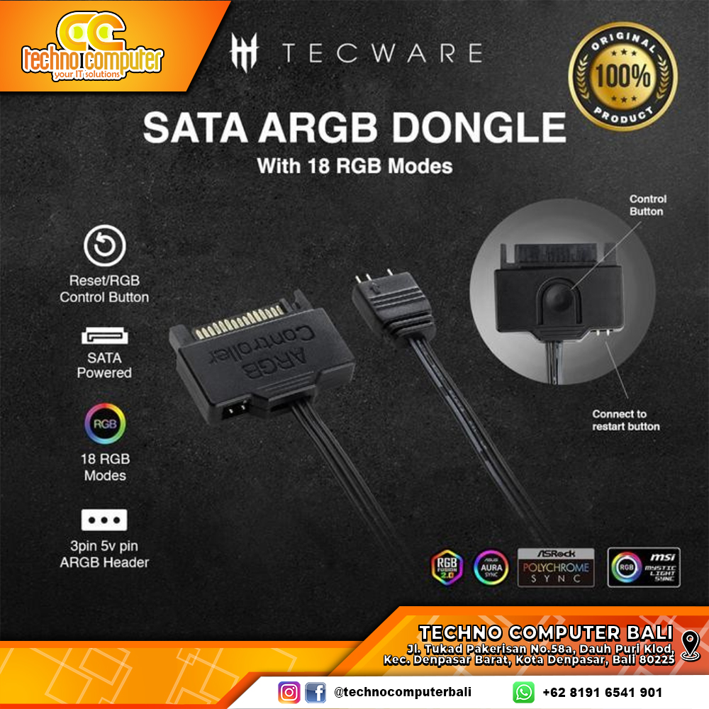 TECWARE SATA ARGB DONGLE with 18 RGB Mode Simple Controller ARGB